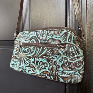 Patricia Nash Turquoise and Brown Embossed Crossbody Bag